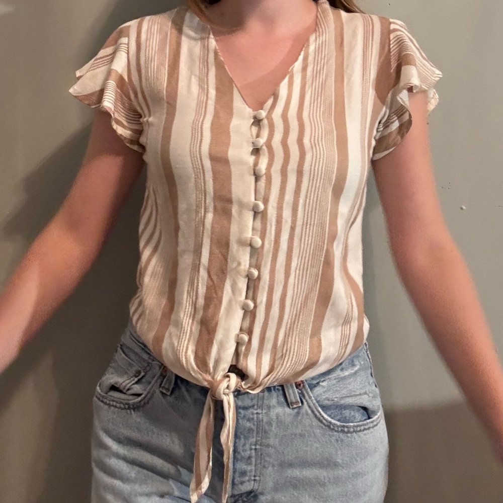 Sim & Sam Tan Striped Front Tie Blouse
